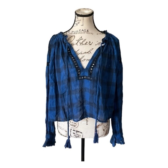 Free People Boho Cotton Sheer Plaid Lace Peasant Blouse Size XS - Picture 2 of 4